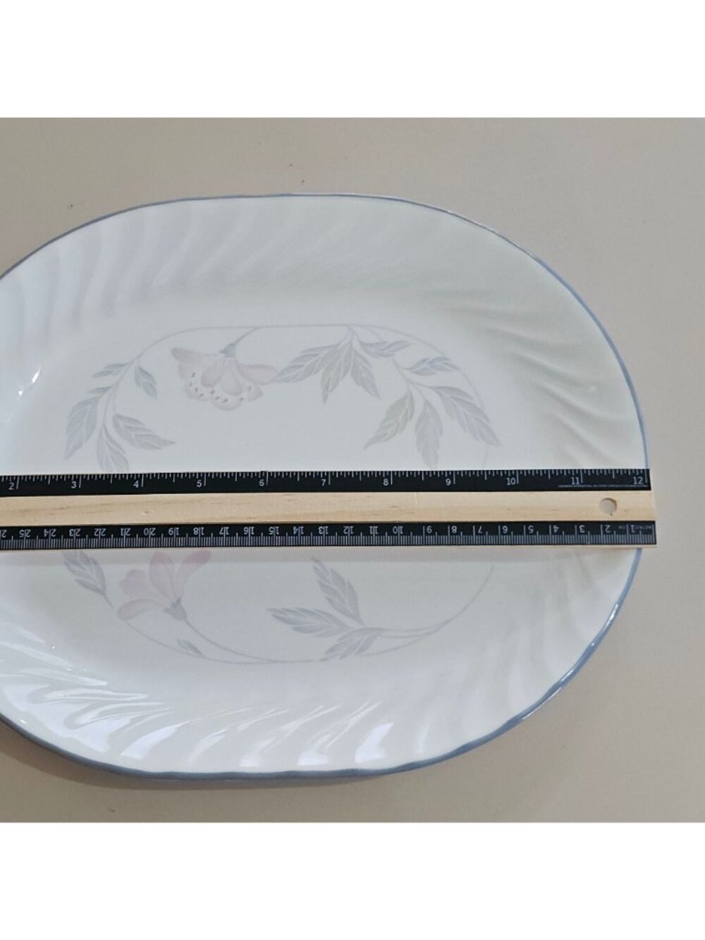 Corelle Pink Trio Platter 12" white blue band floral oval swirl on border - Picture 5 of 9
